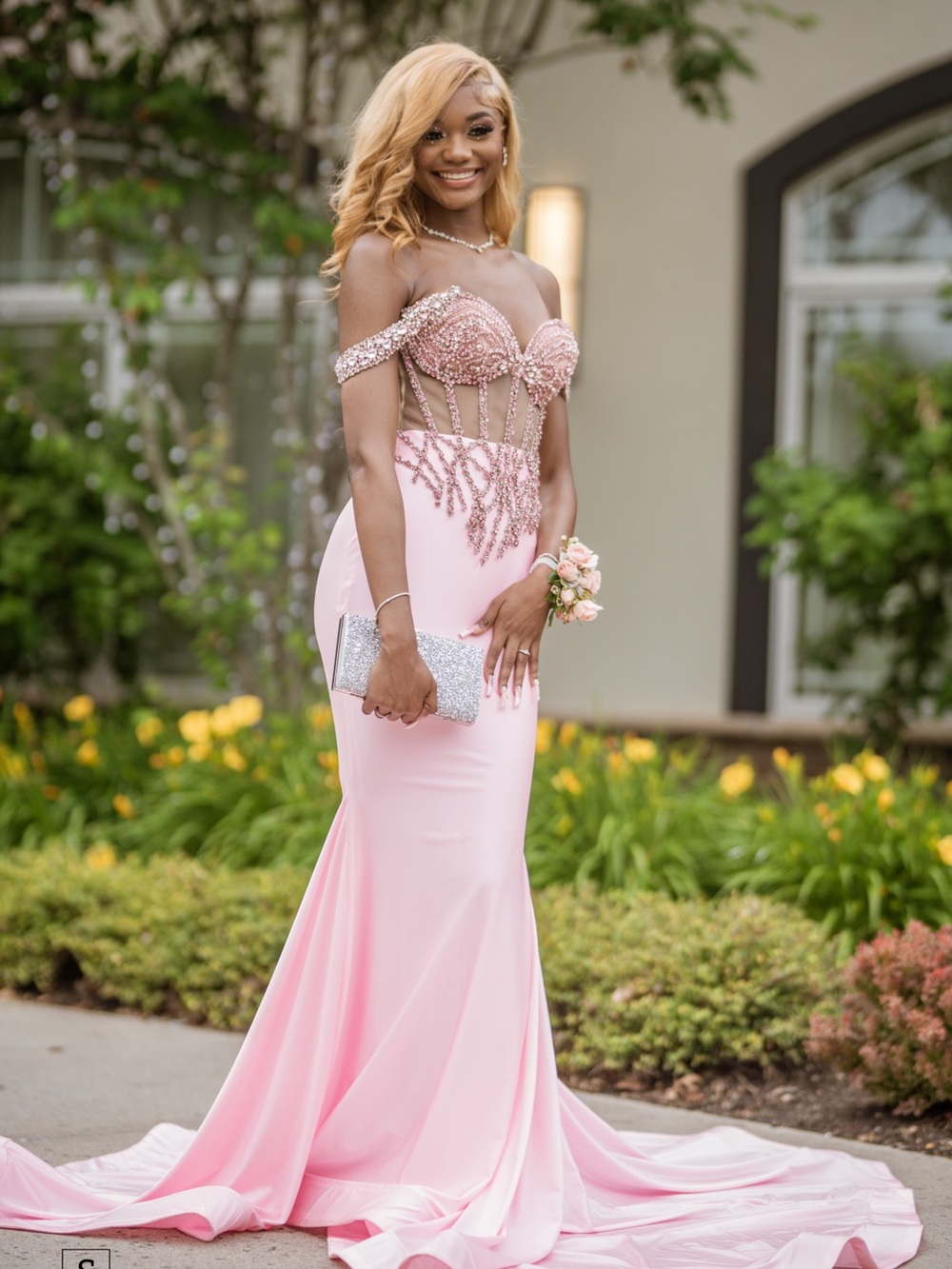 Off-Shoulder Pink Beaded Mermaid Prom Dress